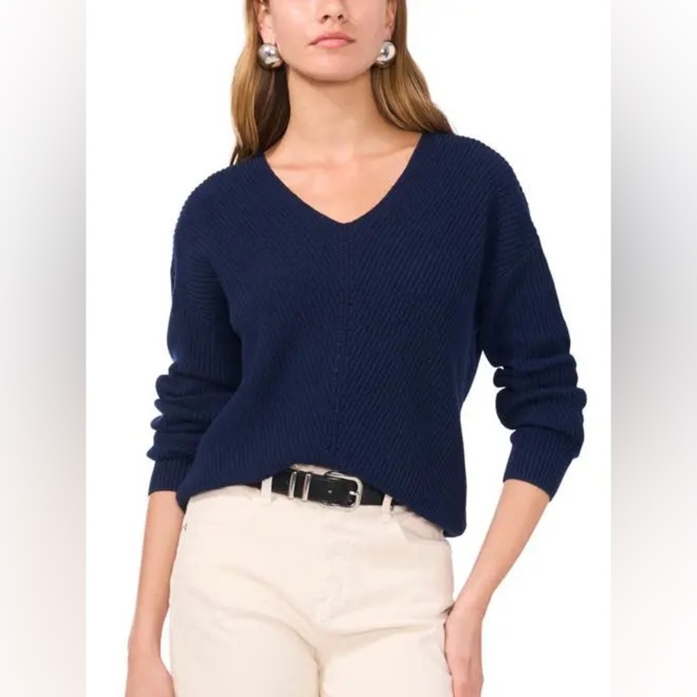 Women's Navy Blue V-Neck Women's Sweater-Classic Casual Pullover